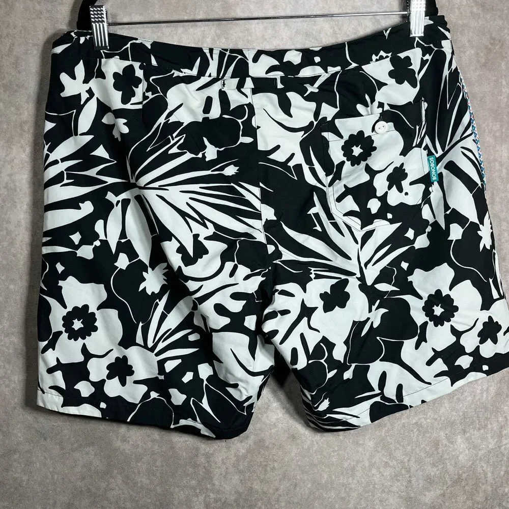 Bonobos‎ Swim Trunks Mens Size 35 Black White Floral Drawstring Lined Pockets